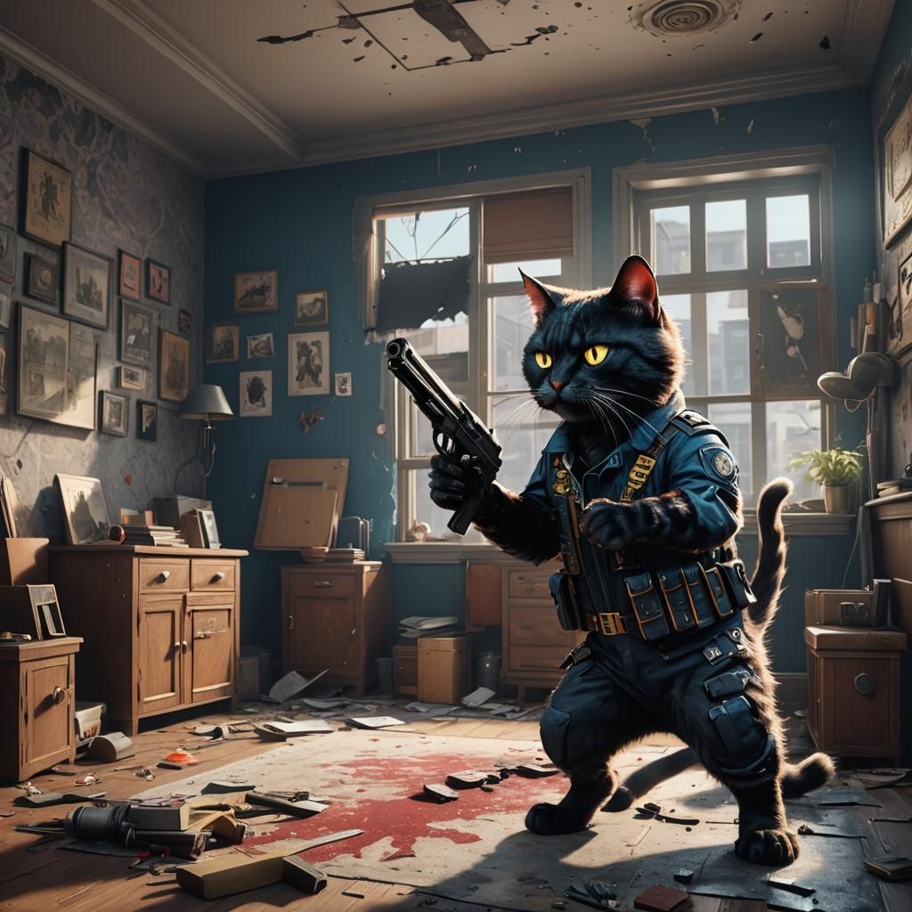 psycho cat threatening with a gun  in an apartment