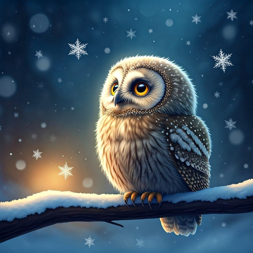 Moonlit Winter Owl Perched on Frosty Branch