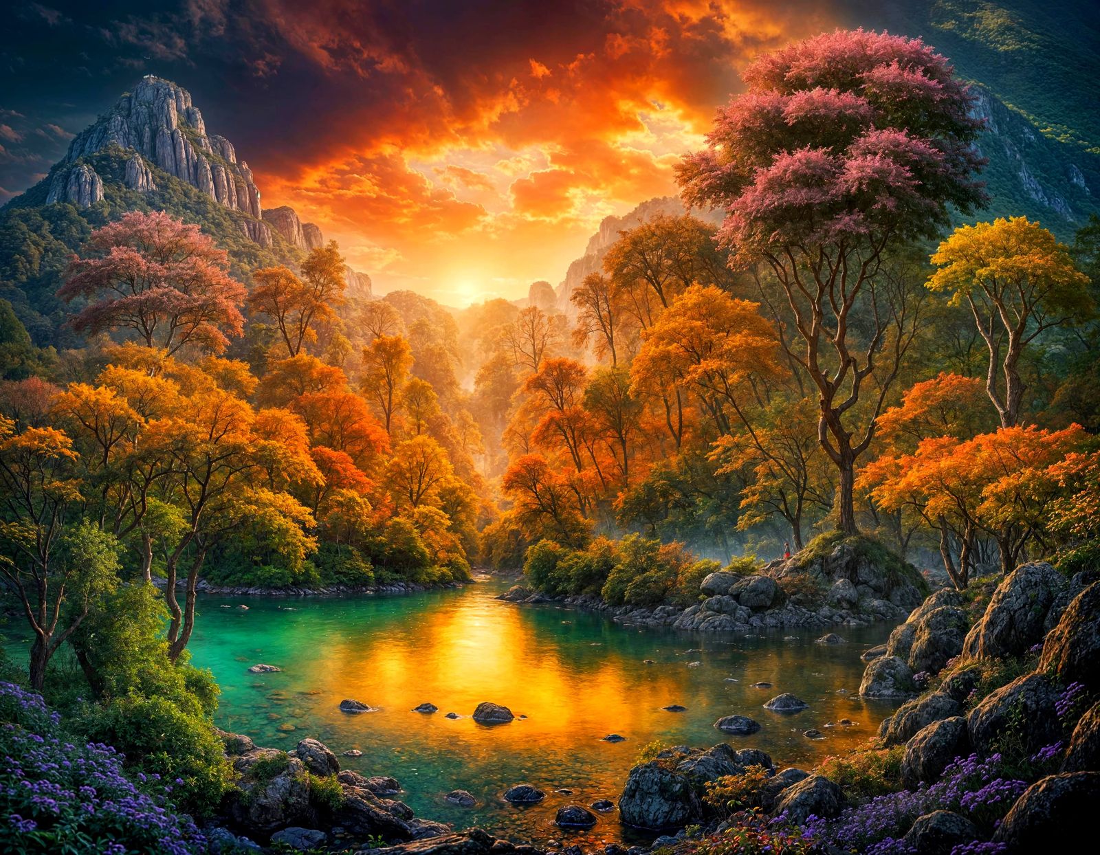 Prehistoric Landscape with Volcano and Primeval Forest