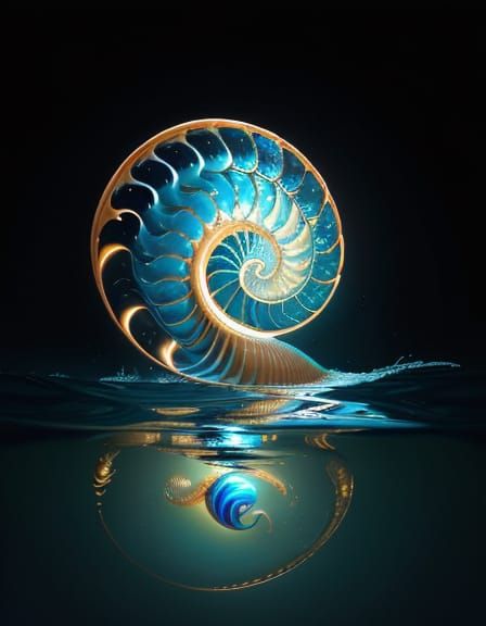 Glowing Nautilus Shell in Escher-Dali Inspired Futuristic Dr...