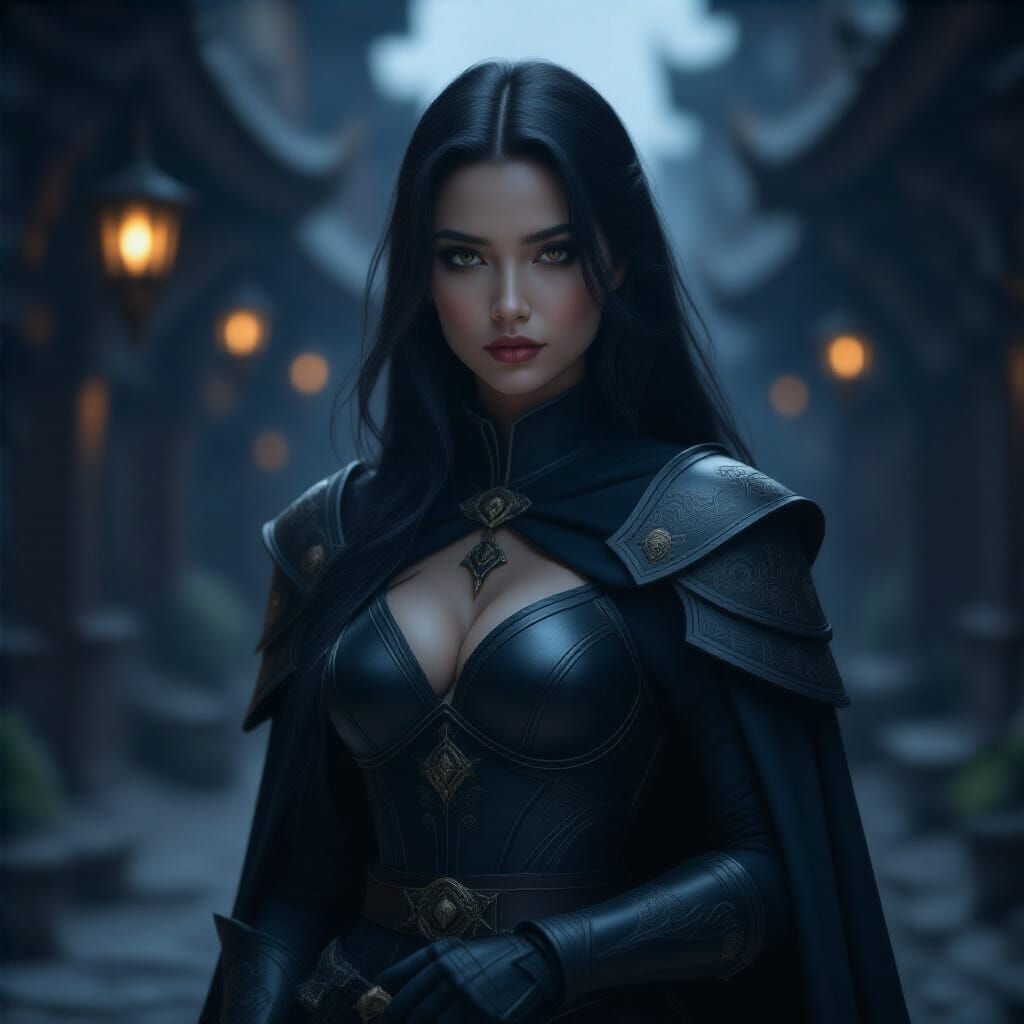 Warrior Woman in Detailed Black Armor Holds Sword