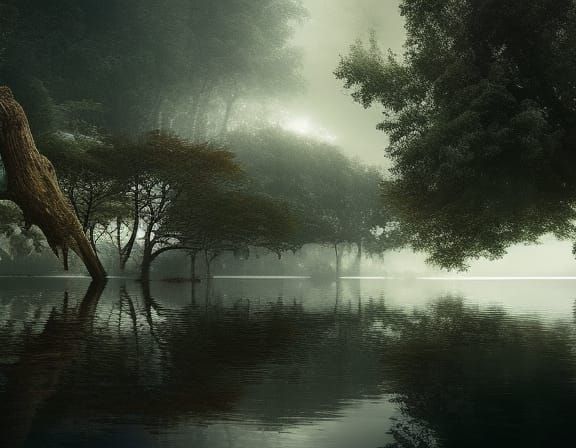 Epic Digital Landscape with Majestic Tree Reflection