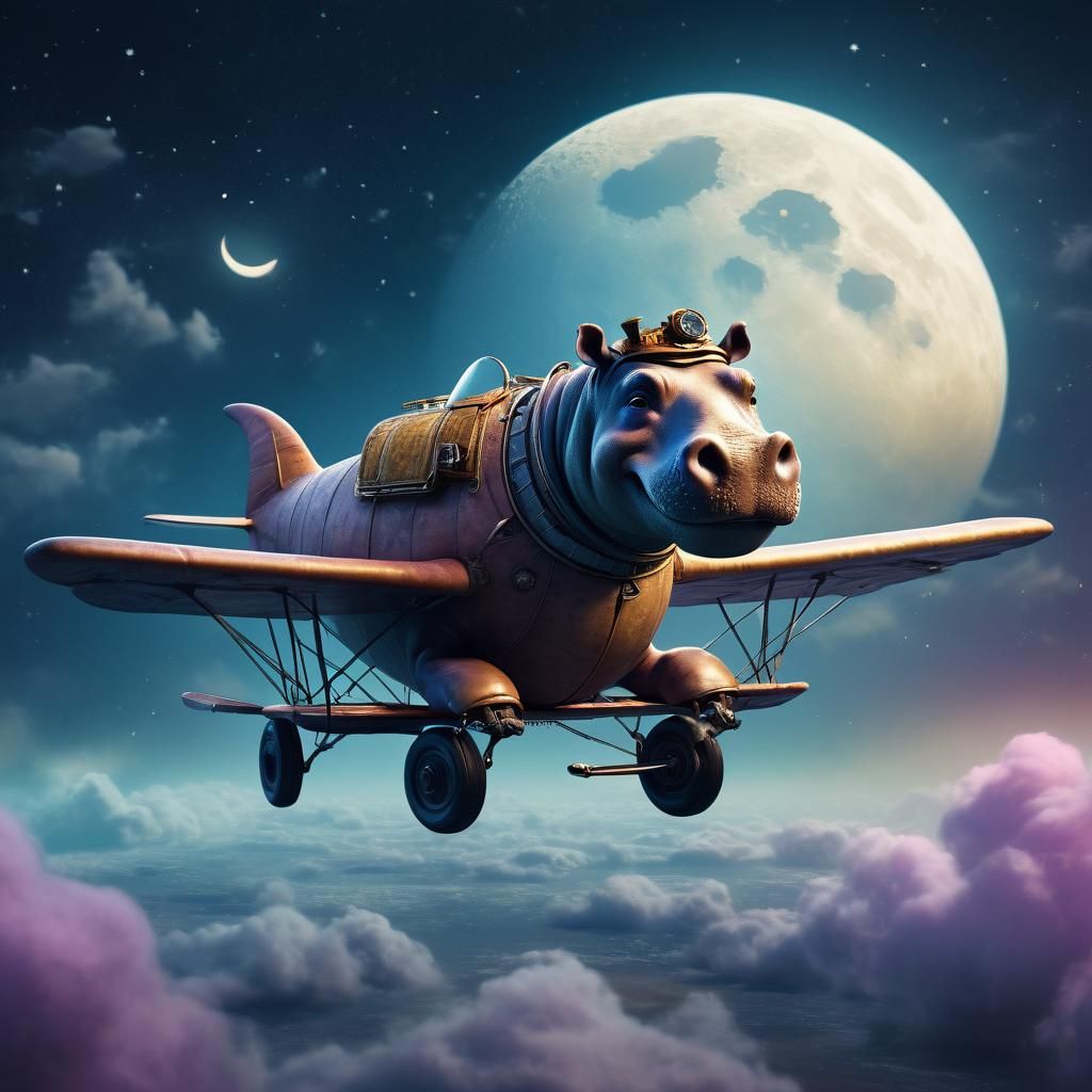 Hippo Rides Airplane on Moon: Whimsical Concept Art