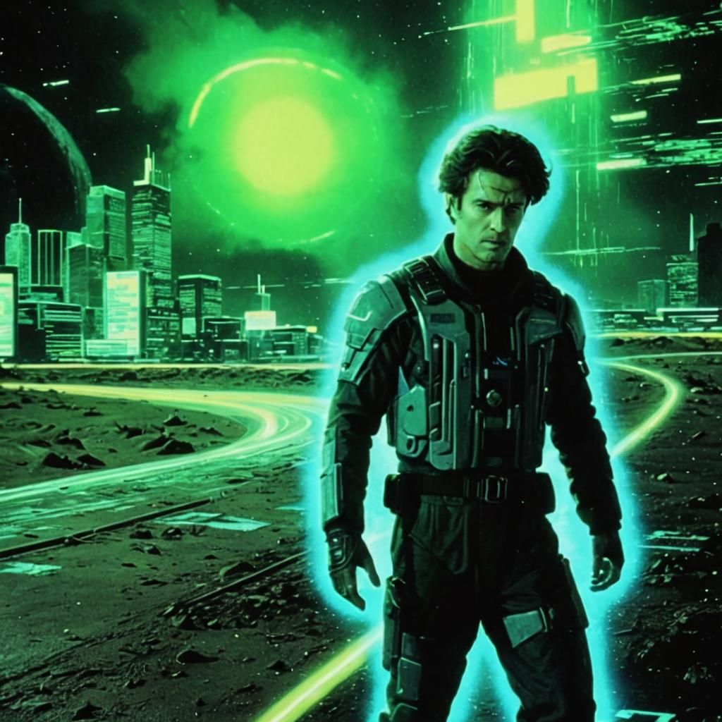 1990's style sci-fi movie scene. Grainy VHS quality, random ...