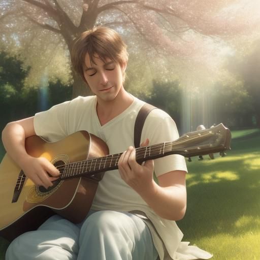 A man playing guitar under a pretty tree