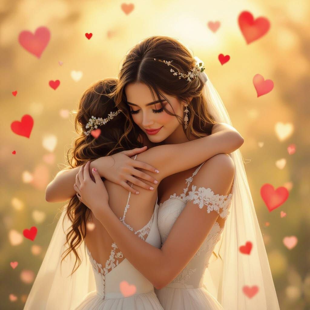 Emotional Bride Embraces Friend in Golden Hour Light