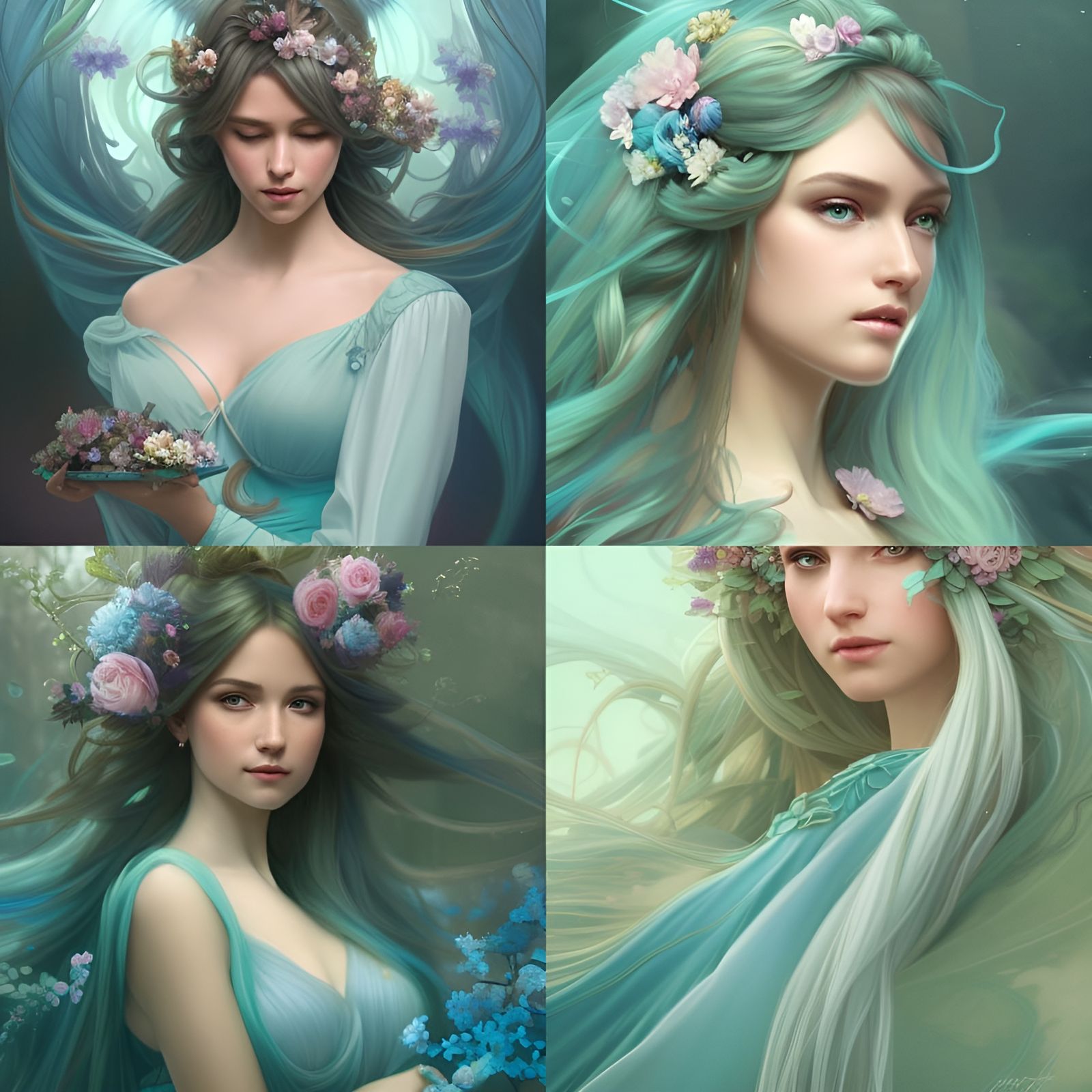 a fantasy fairy in a beautiful aqua colour gown with long hair and lots ...