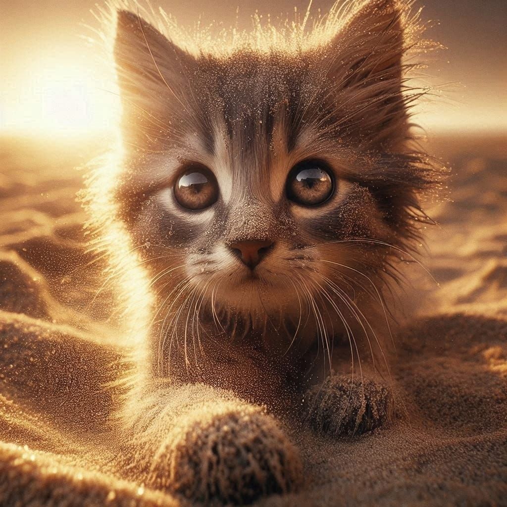 Extremely detailed cinematic film still photography of centered portrait of a kitten playing in the sand at the beach: side view. detailed f...