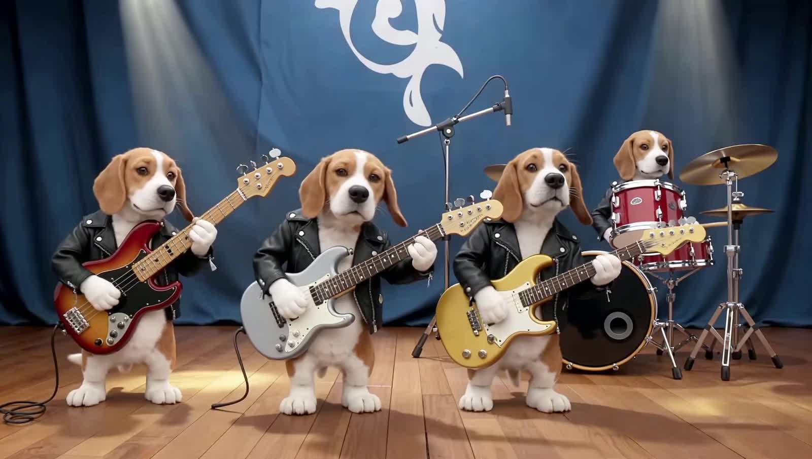 4 Beagles playing as a pop group, one on base guitar, one on rythm guitar one on lead guitar and one on drums