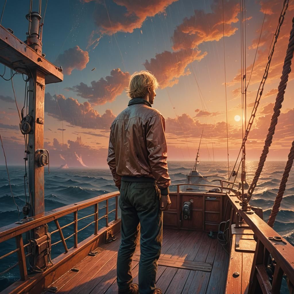A blond haired man standing on the deck of a deep sea fishin...