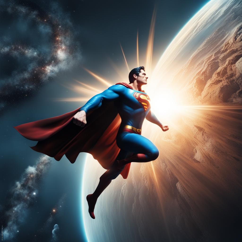Incredible Superman, flying through space, close to a large ...