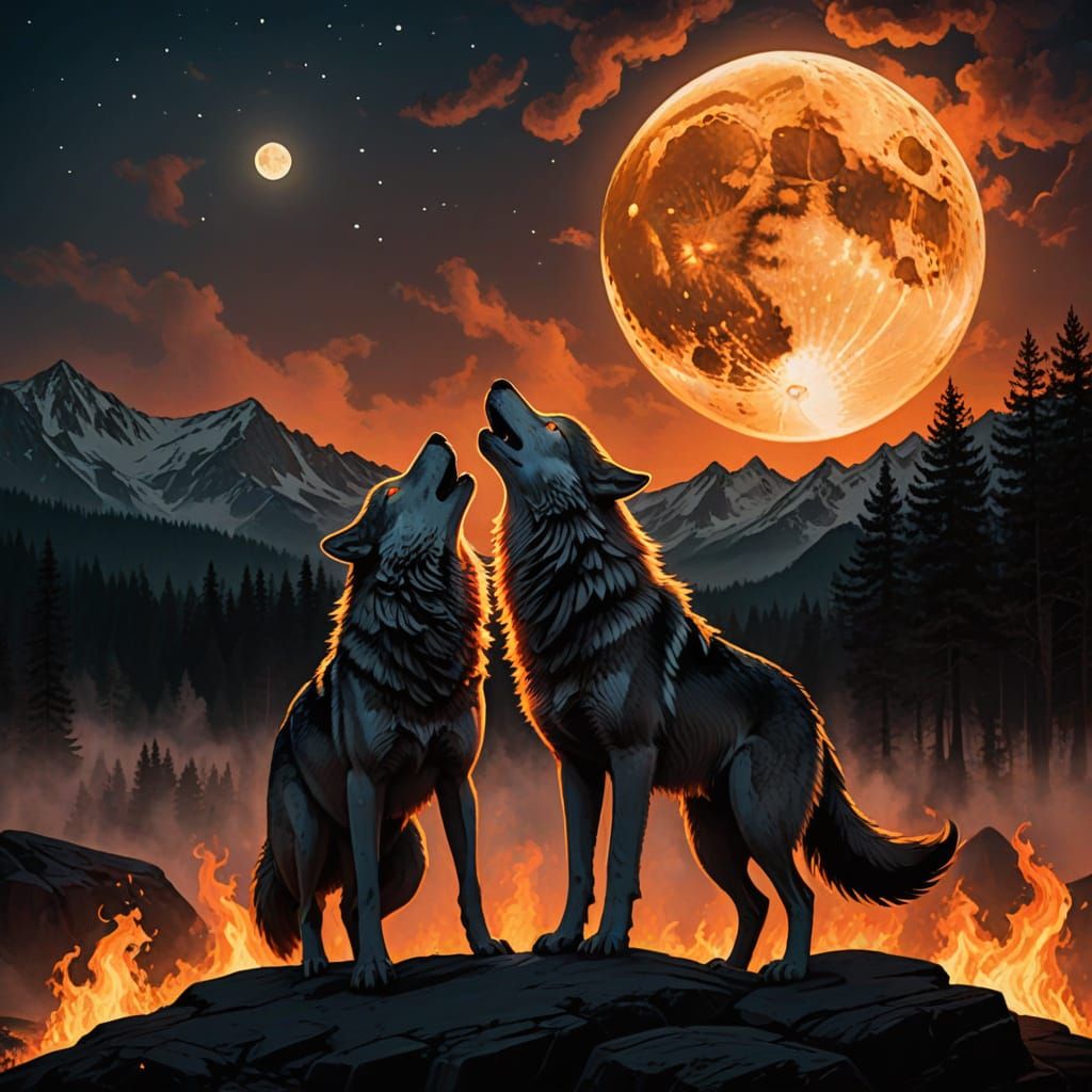 Two wolves howling on a mountain with the moon in the background
