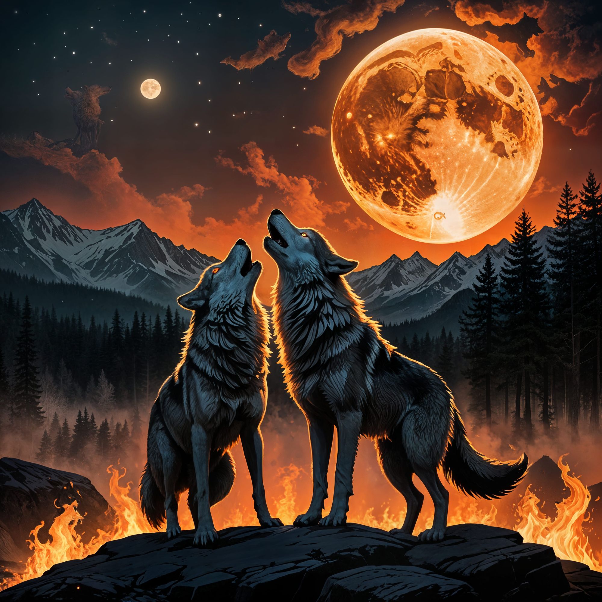 Two wolves howling on a mountain with the moon in the background
