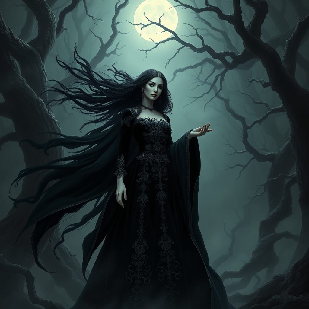 Gothic Queen in Misty Forest, Detailed Matte Painting