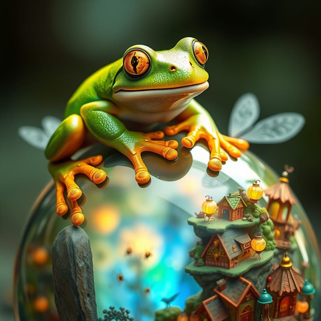 Dreamlike Frog Sits Serenely on Mirrored Globe Amidst Whimsi...