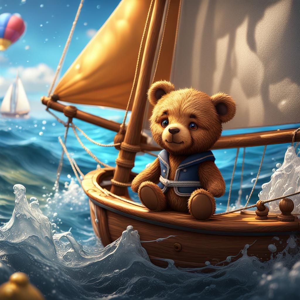 Cute brown teddy bear sailing a sail boat, hyperrealistic, s...