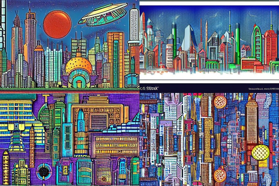 Sci-fi city in the style of Cloisonnism