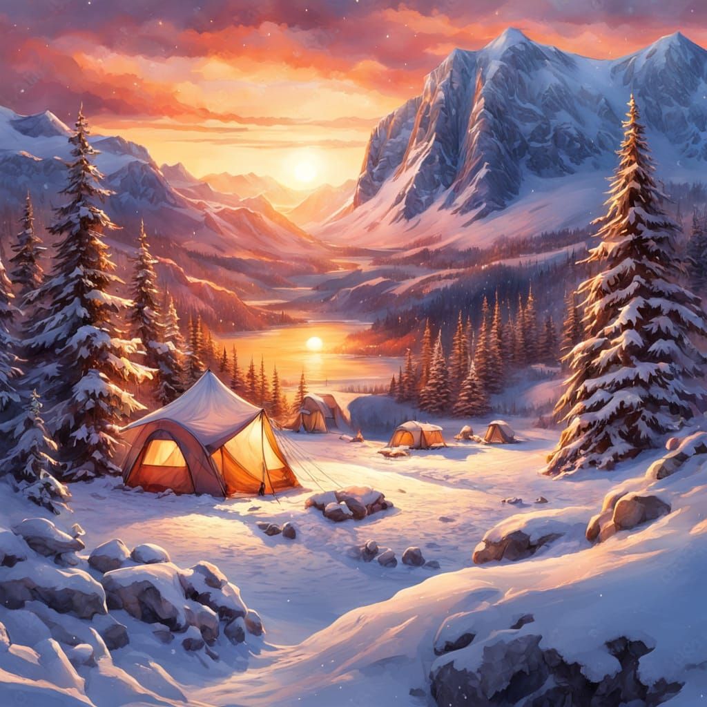 Digital watercolor Illustration of a Winterscape campsite sunset, Complex contrast, HDR, Sharp, soft ...  by @Kosh