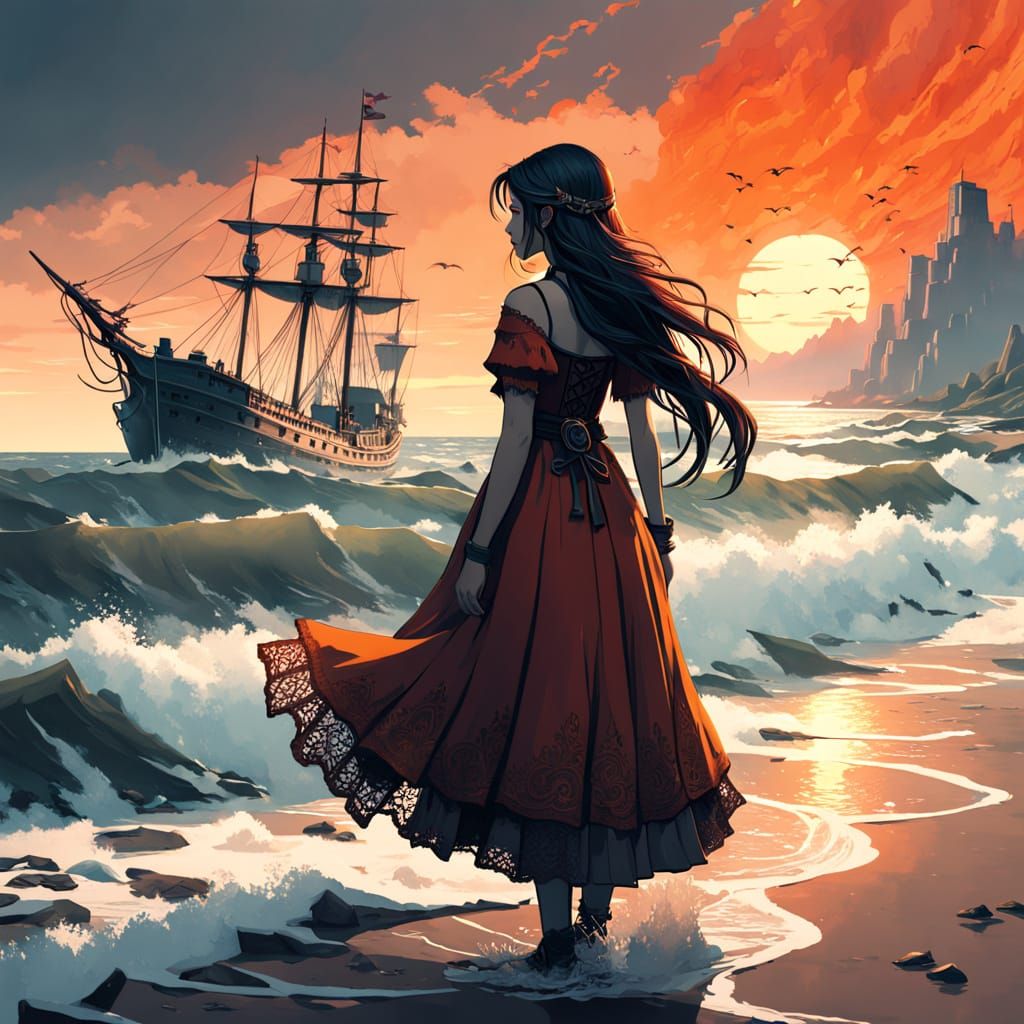 Mystical Girl at Shore with Ship Anchor