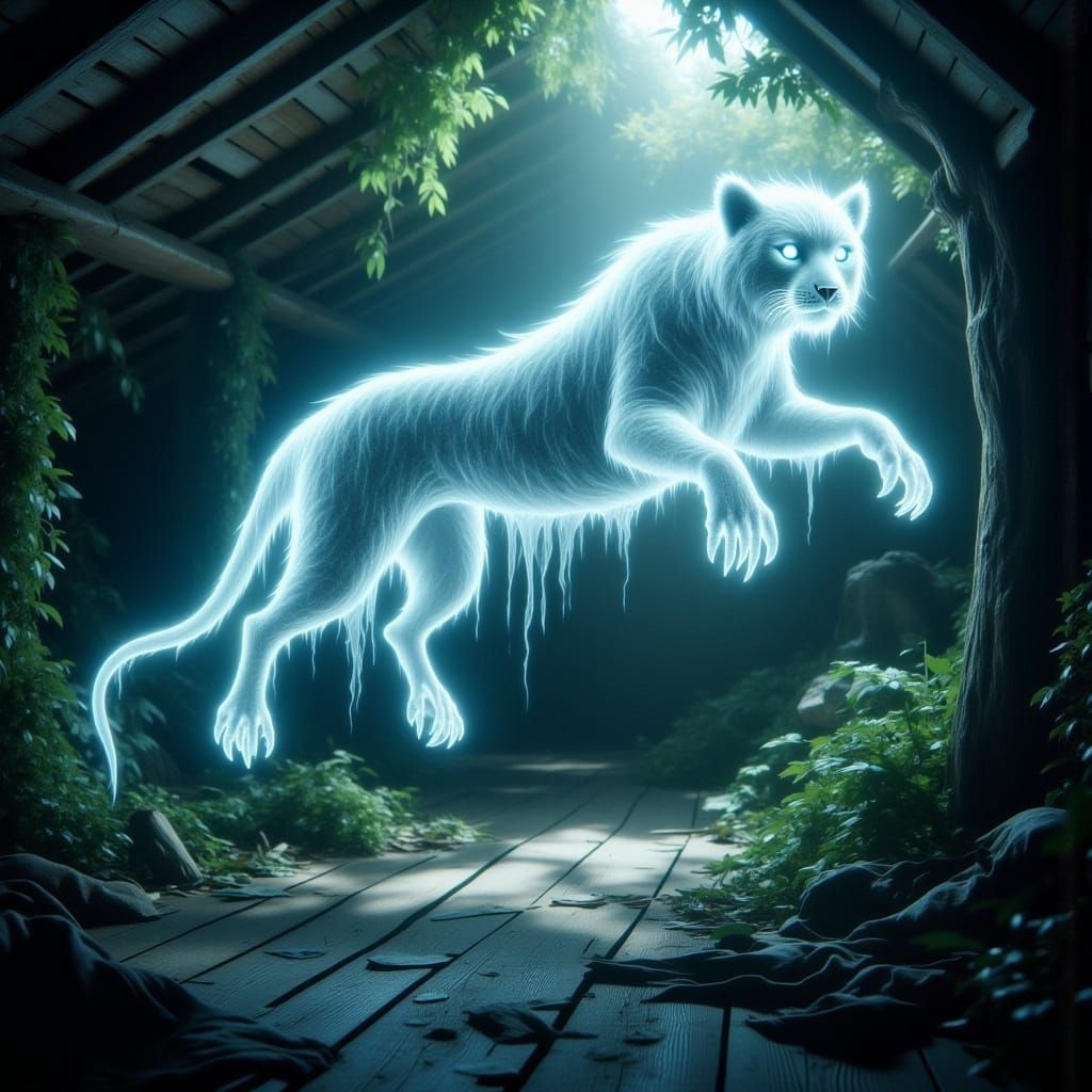 <lora:-Ghost Entity-:1.0> ghost of tiger, transparent, floating, in a forest