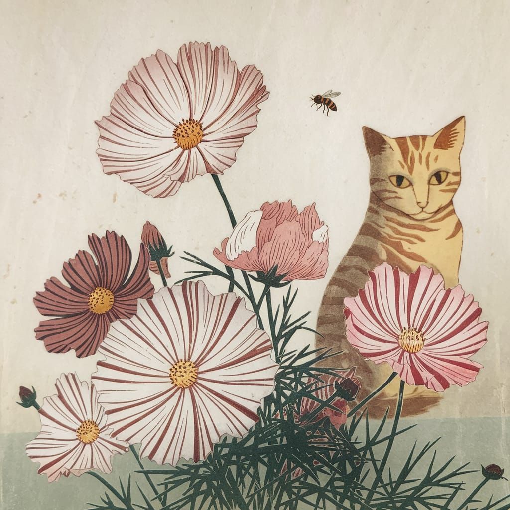 Anime Cosmos Flowers in Soft Japanese Woodblock Style