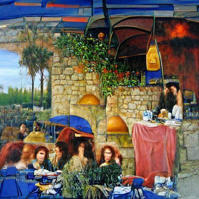Open air Mediterranean cafe Pre-Raphaelite oil on canvas