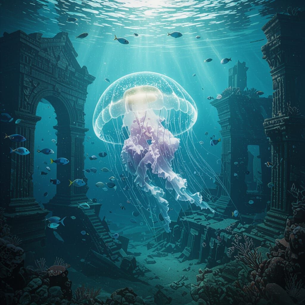 A majestic, bioluminescent jellyfish drifts through the ruins of a sunken cityscape. 