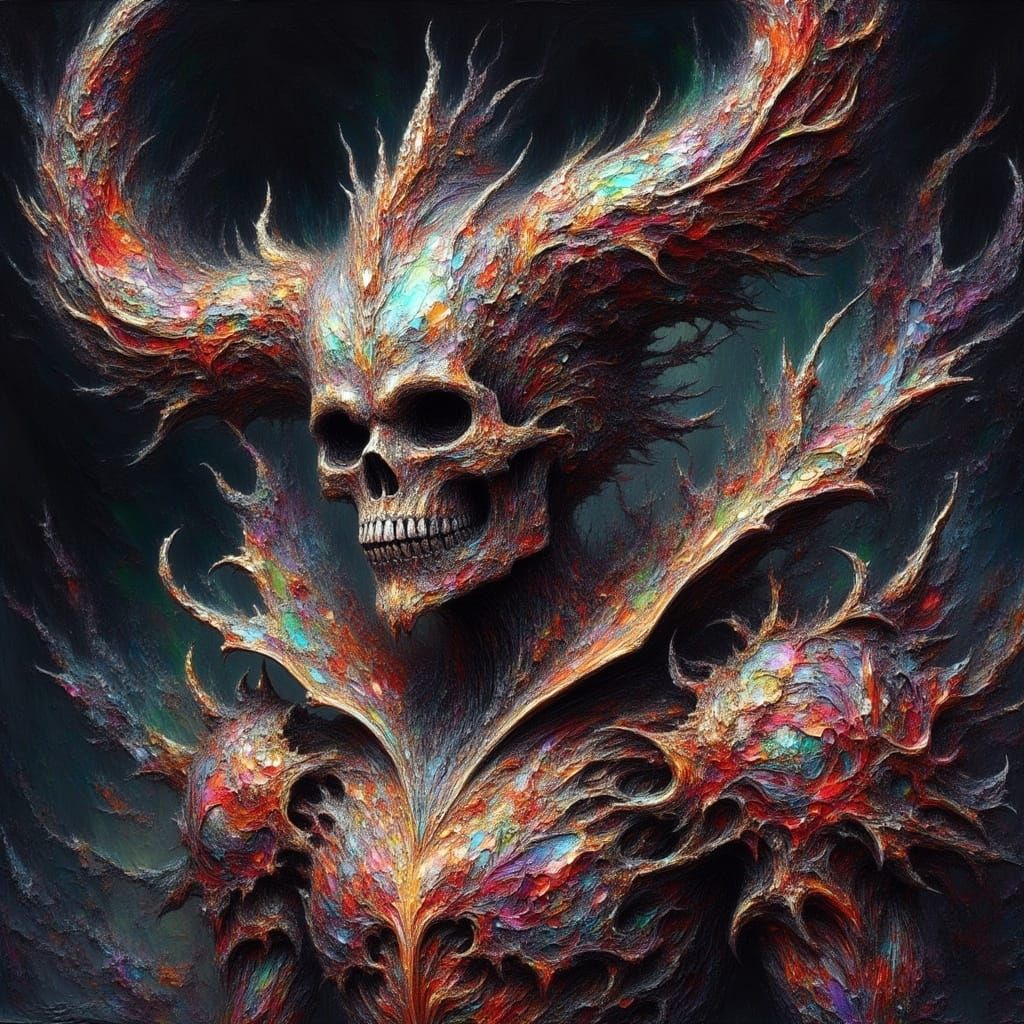 <lora:Impax v2:1.0>impasto oil painting with harsh strokes  a  evil skull demon in a armor in the dark palace of evil . The silhouette's edg...