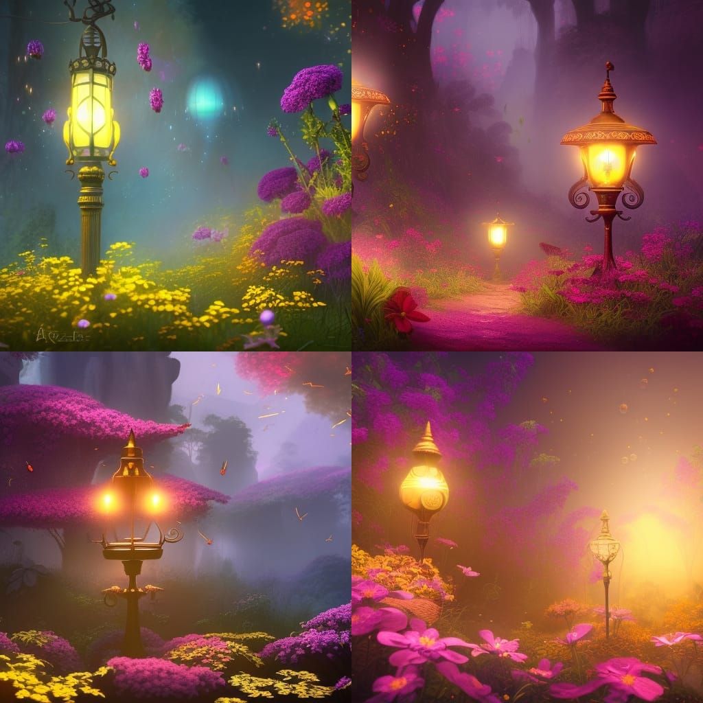 Fireflies and flowers in fantasy lamp