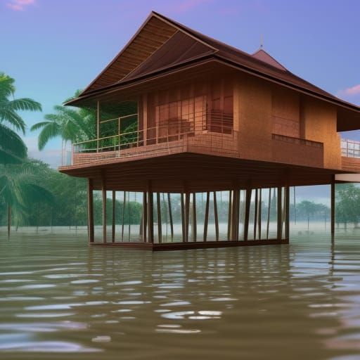 modern traditional malay house on stilts during flood architectural