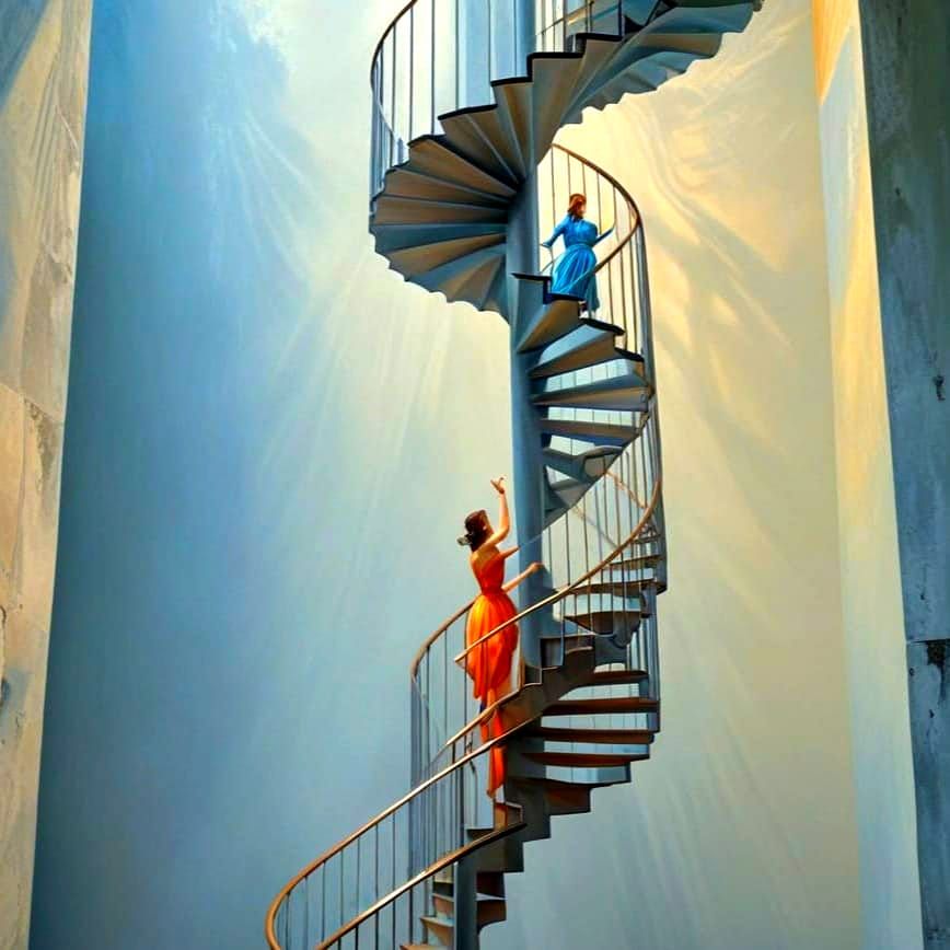 Elegant Ladies in Photorealistic Fractal Stairway Maze