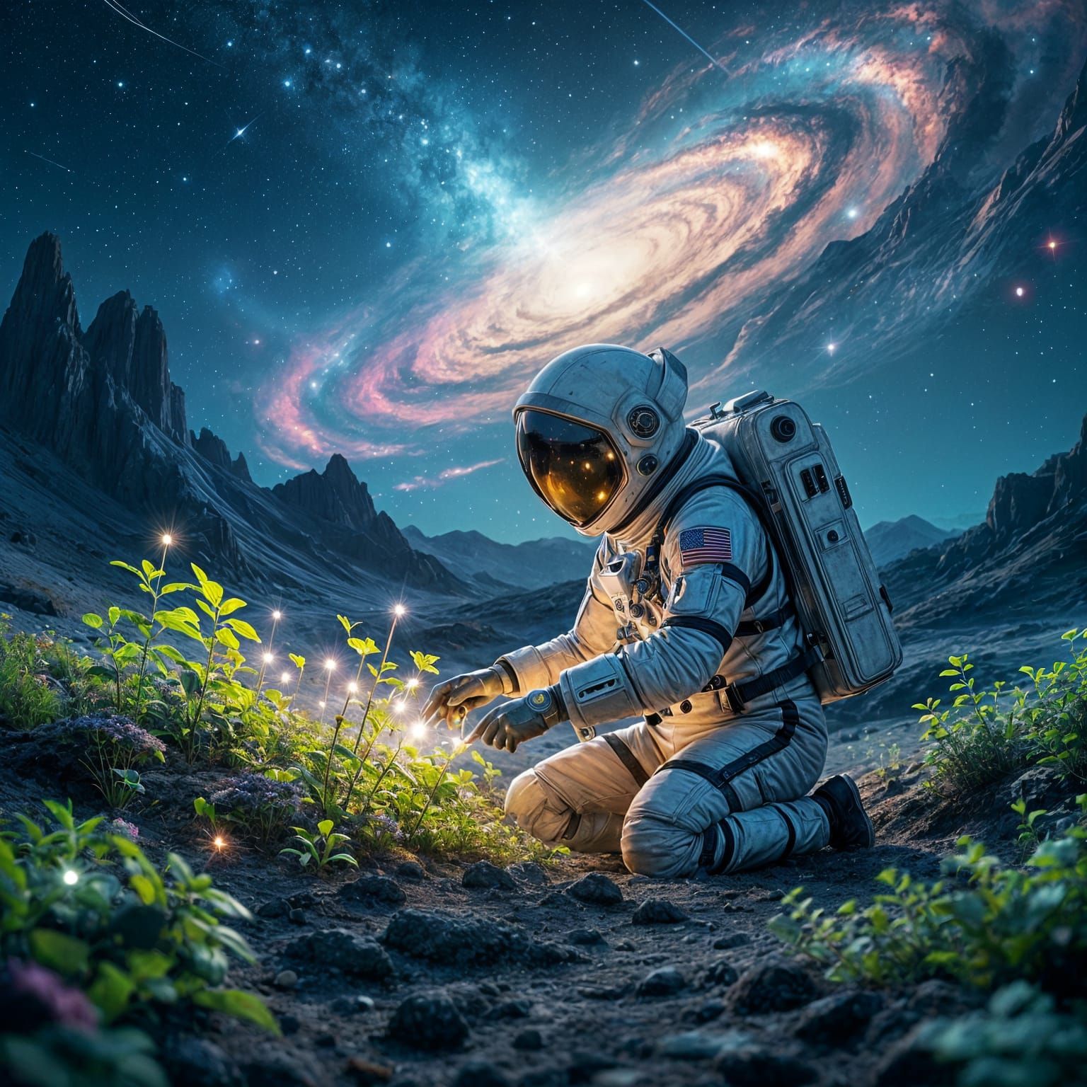 Digital art. Medium shot. A lone astronaut tending to a bioluminescent garden on a desolate alien planet, with a nebula swirling in the back...