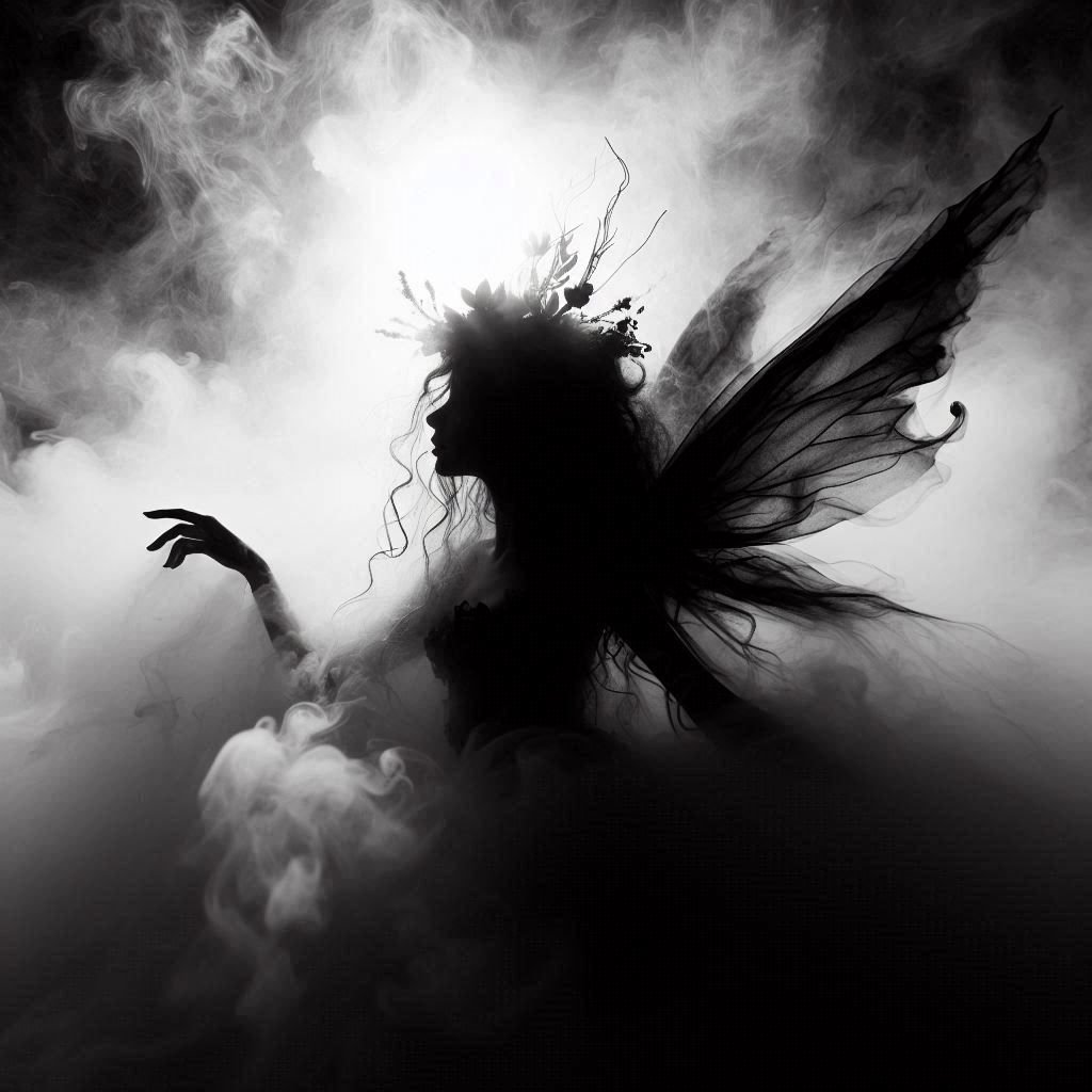 Black silhouette of a dark ethereal faerie