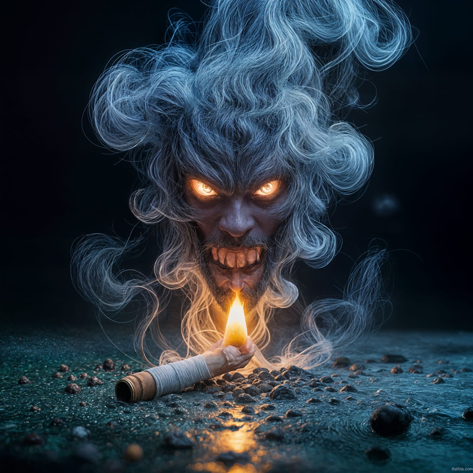 "Dramatic, hyper-realistic 8K artistic photography: A burning cigarette on a dark surface. From the cigarette's ember, a menacing monstrous ...
