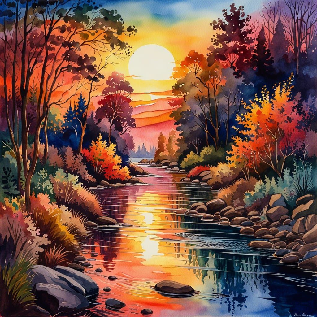 Sunset over river watercolor painting.  by @Abigail
