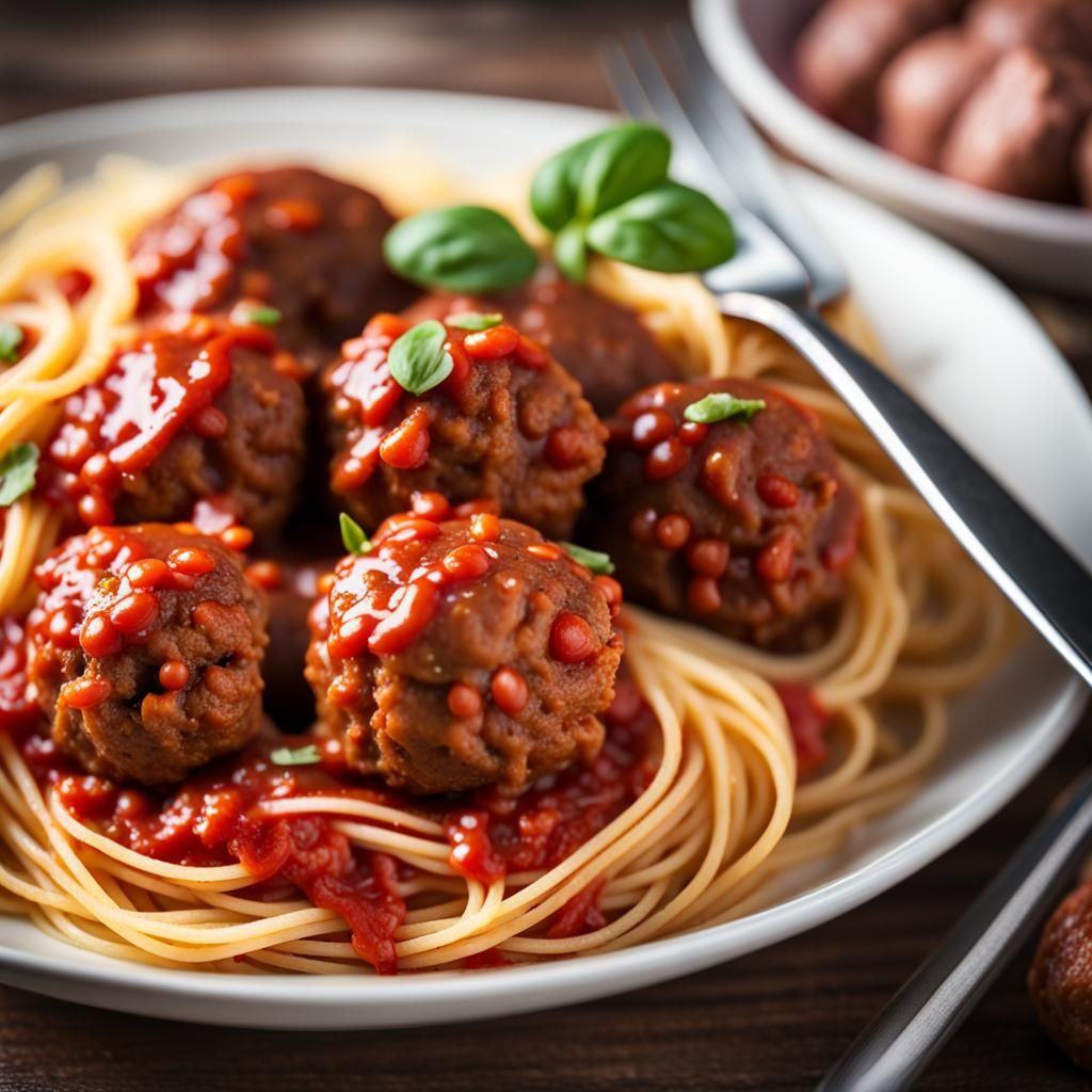 Spaghetti and meatballs Close-up portrait, color portrait, p...