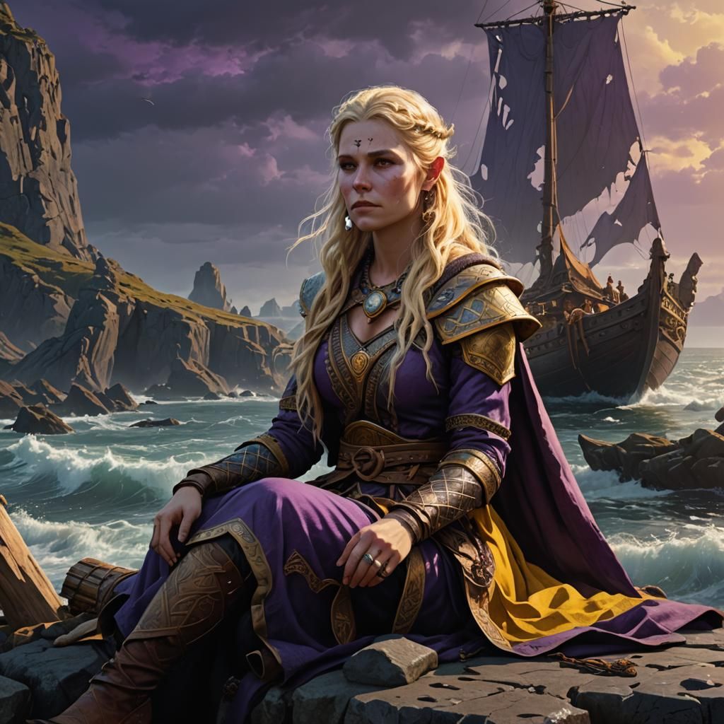 A viking blonde girl shaman sitting near the sea.