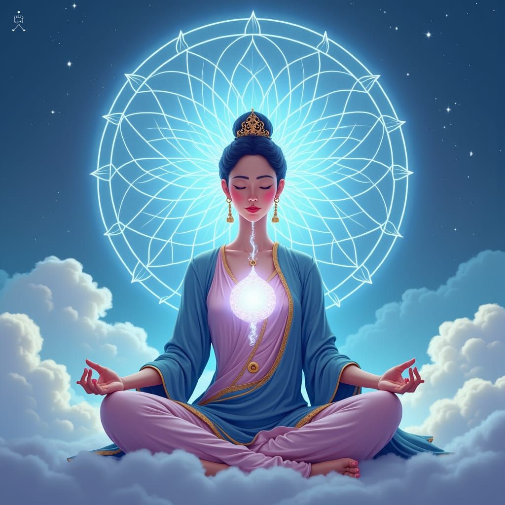 Woman in lotus position meditating in blue and light pink clothes. Breathing.