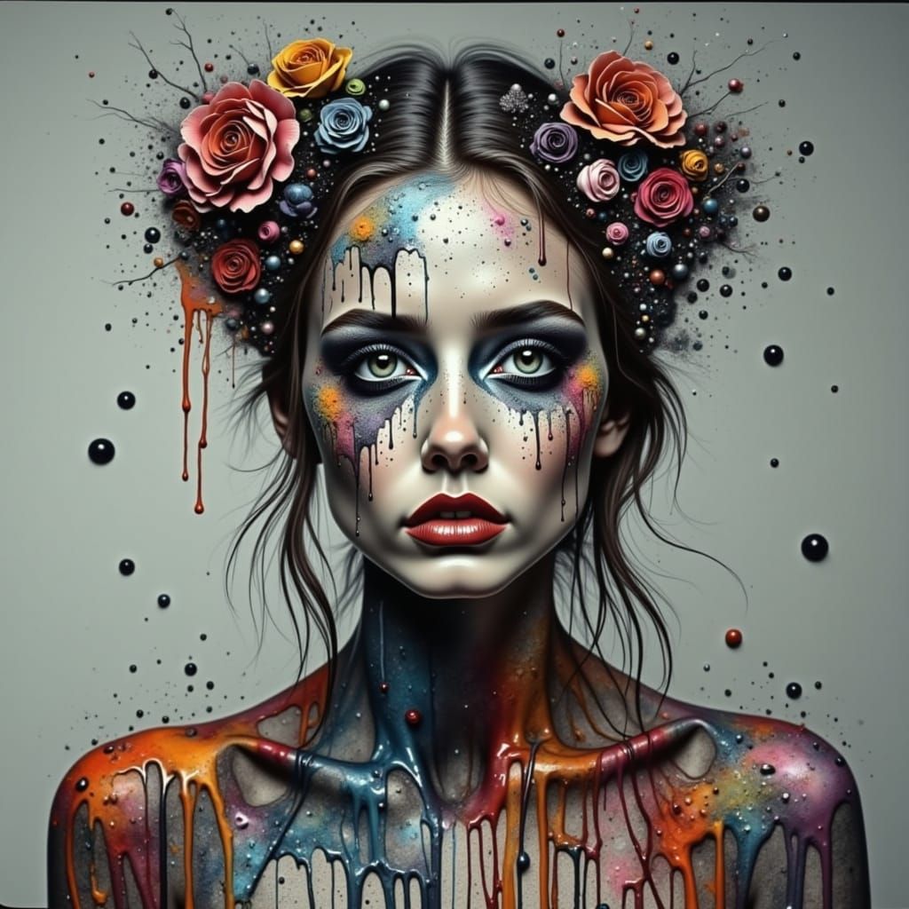 <lora:ChromaDraw:1.0>  The silence of grey concrete makes me scream in color, alcohol inks, water colors Darkness incarnate as a woman in de...