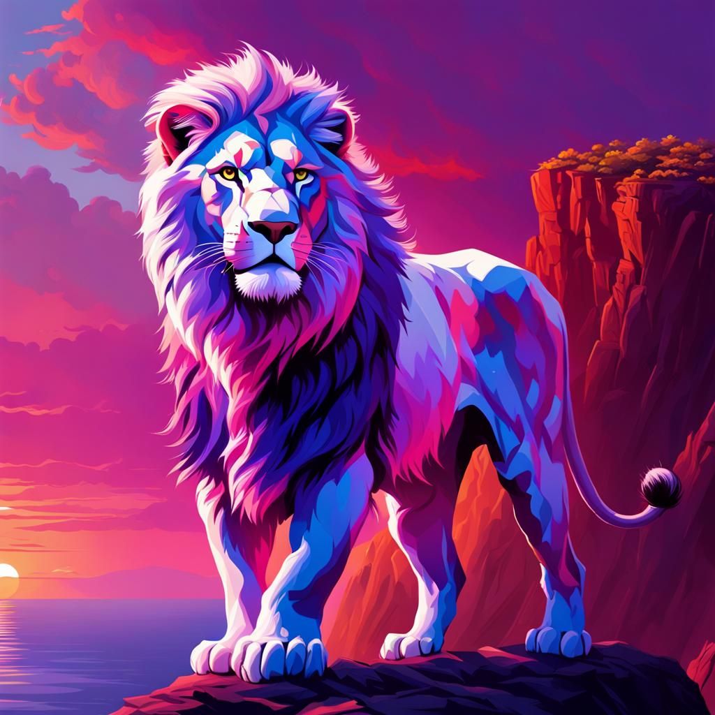 a white, and purple lion, on a cliff, red, pink, purple suns...