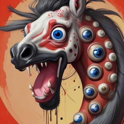 Painting of a horse with eyes sticking out of it's mouth, in...