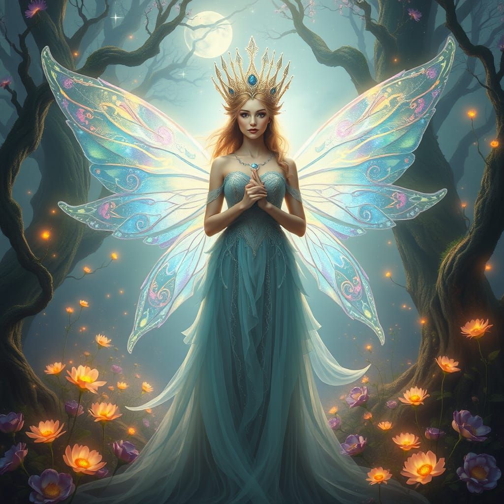 A breathtaking portrait of a fairy queen, her wings shimmering with iridescent colors, standing in the heart of a magical realm filled with ...