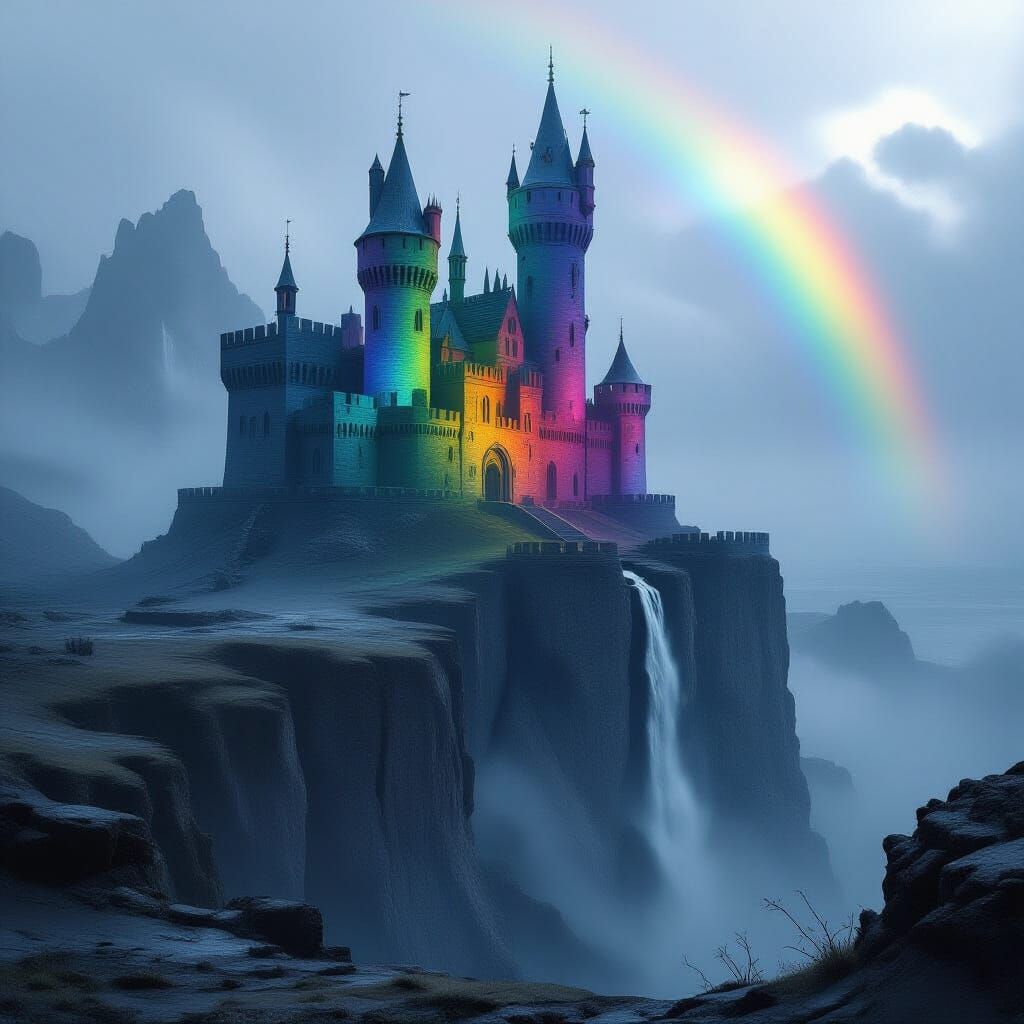 Rainbow Haunted Castle on Barren Cliffside