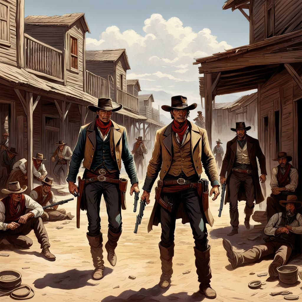 Gunfight at old western town between rival shirtless muscular cowboy outlaws . It is noon 