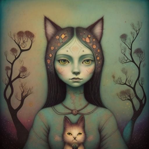 A dreamlike woman-cat in art brut style by Andy Kehoe, Benja...