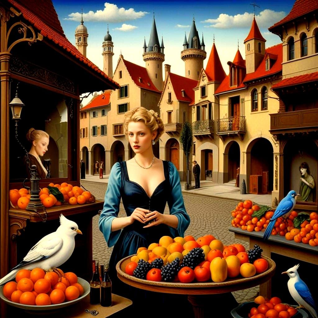 Elegant Female Figure in Surrealistic Landscape