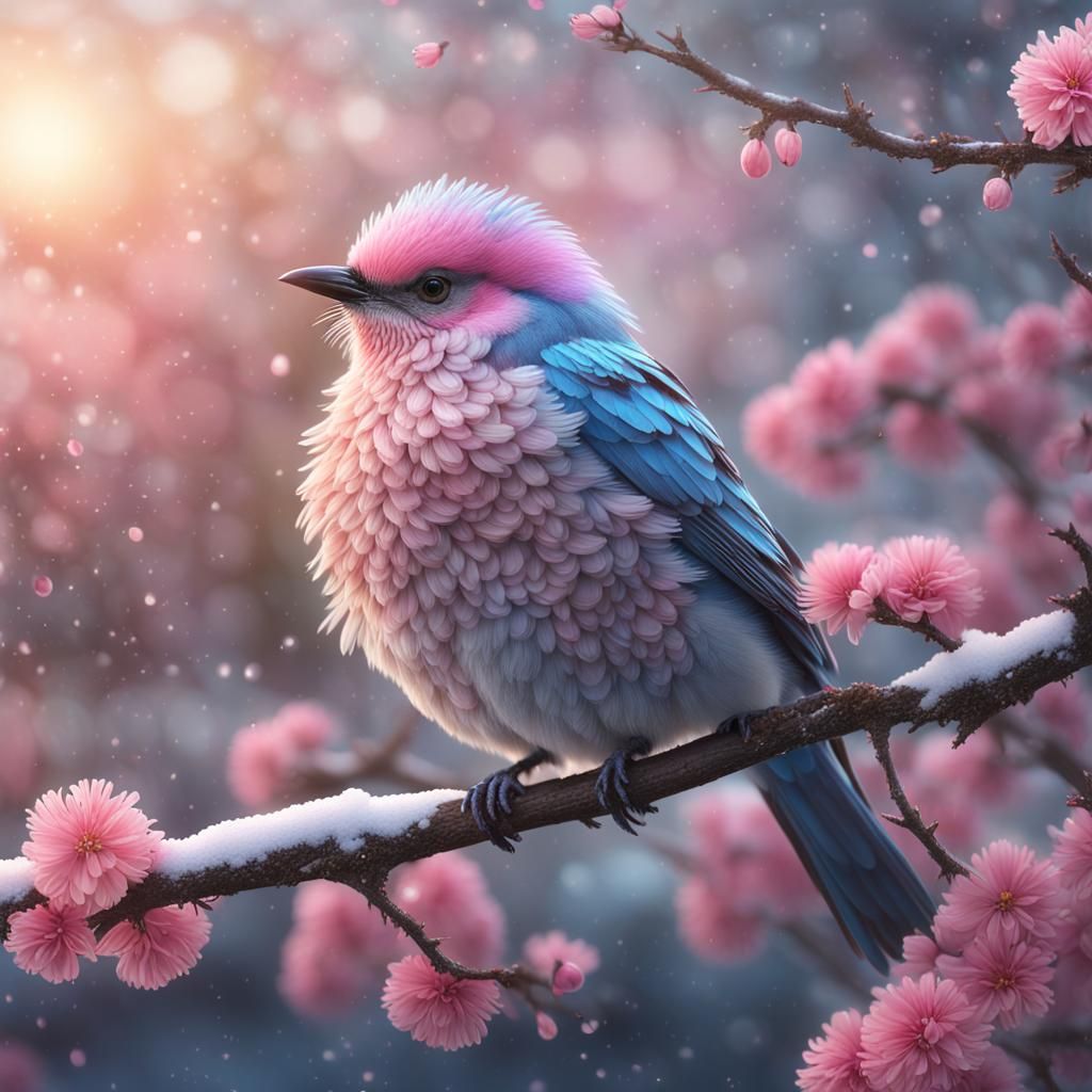 A beautiful hyper-fluffy hyperrealistic bird on a branch wit...