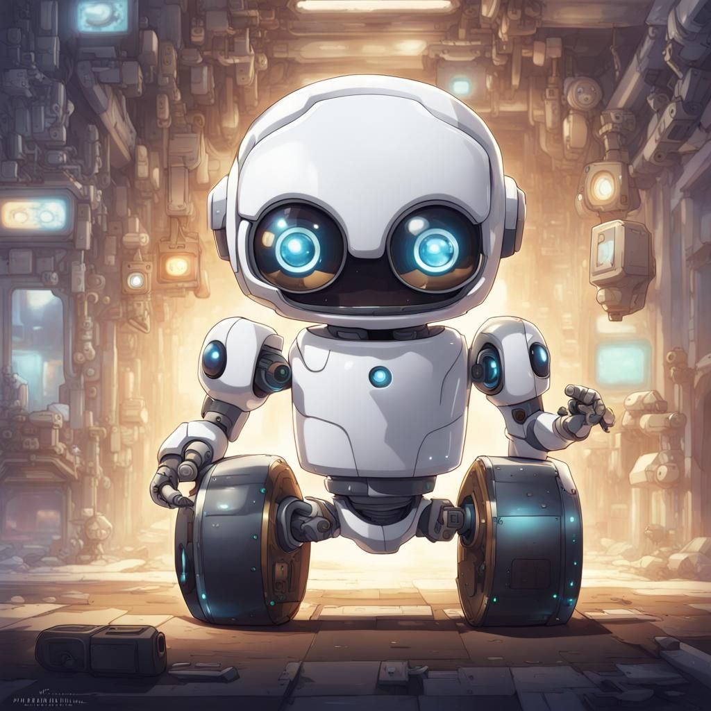 A cute, white and futuristic robot. It has two big eyes, a b...