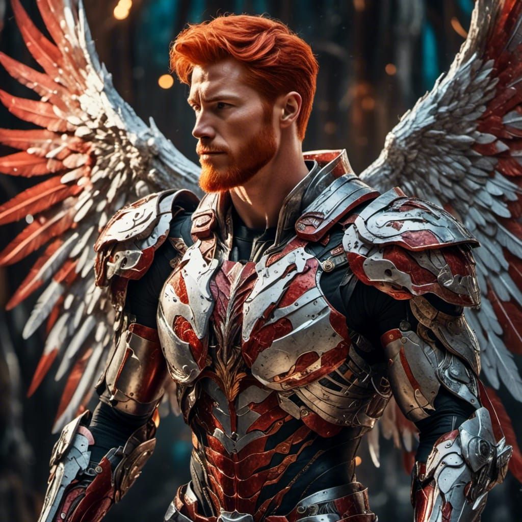 Handsome red hair  man with wings <lora:Detailed Armor:1.0> 