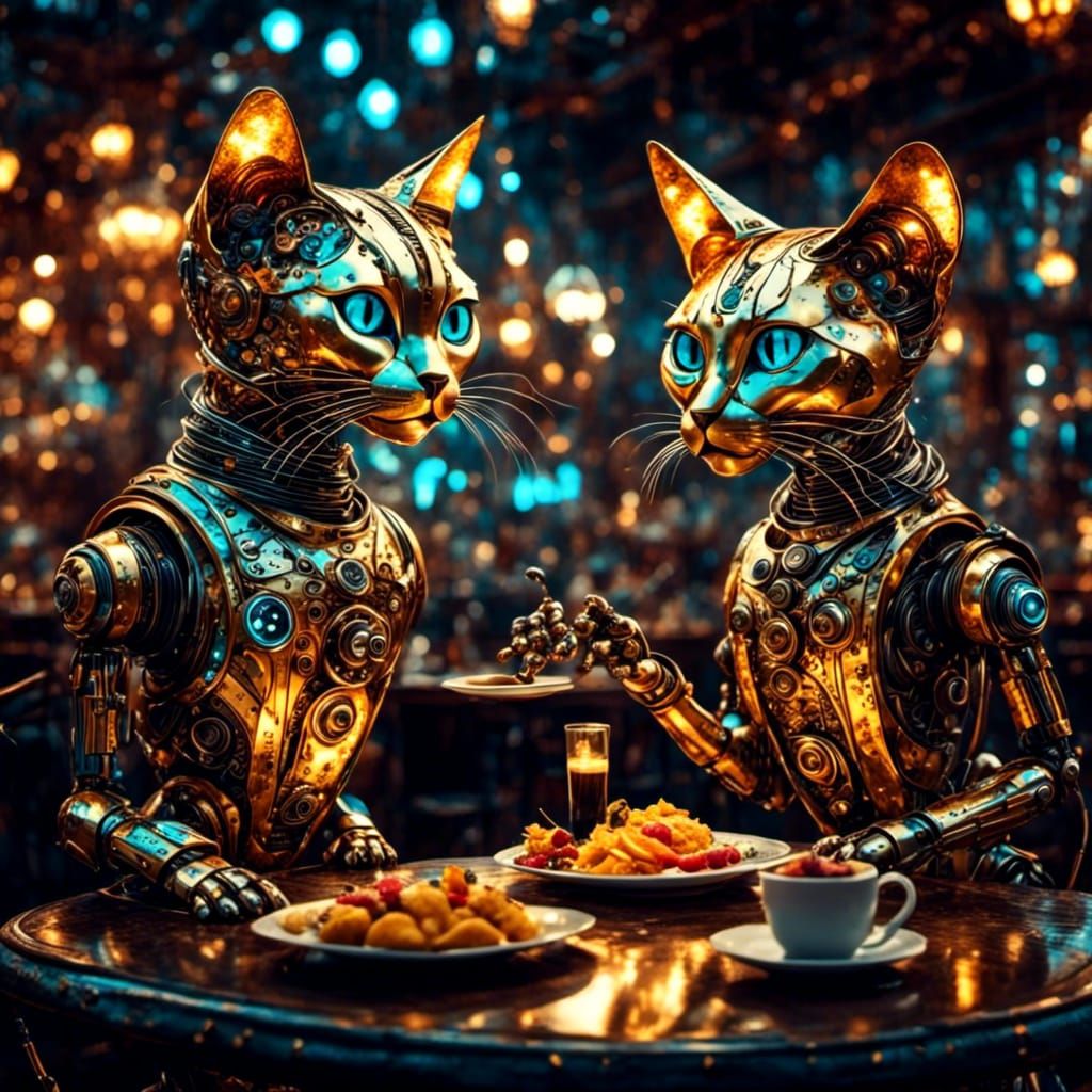 Futuristic Cyborg Cats in Kinetic Cafe: Digital Art